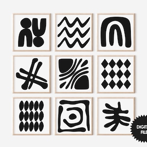 Black and White Abstract Art Prints: Set of 9, Boho Wall Decor (Digital Download)