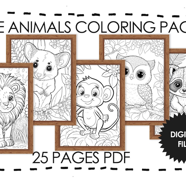 25 Cute Baby Animals Coloring Pages With Wooden Frame, Ready to Hang on Wall, Coloring Book For Kids, Instant Download PDF, Print At Home