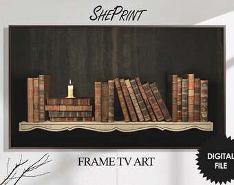 May include: A digital print of a framed image of a shelf with a row of antique books and a lit candle. The shelf is white with a decorative edge. The background is a dark brown wood grain.