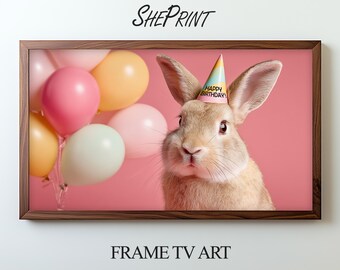 Birthday Bunny TV Art | Pink Funny Birthday Frame TV Background | Digital Download 3840x2160px JPG
