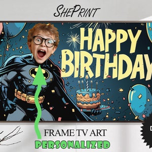 Moldura de aniversário personalizada TV Art para crianças estilo quadrinhos | Foto personalizada | Feliz aniversário desenho animado super-herói | Arte de TV digital pronta em 1-2 dias