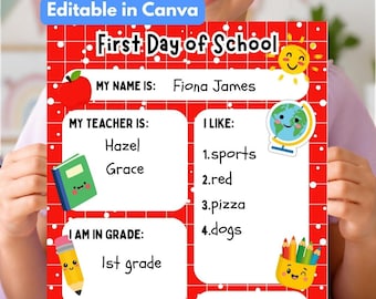 Editable First Day of School Sign, Personalized Printable Canva Template, Letter Size, Digital Download
