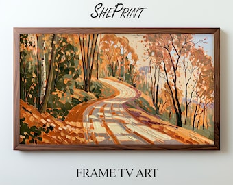 Fall Forest Landscape Frame TV Art, Modern Impasto Painting, Cozy Contemporary Digital Artwork