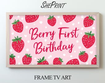 Bilderrahmen zum ersten Geburtstag mit Beerenmotiv | Geburtstagshintergrund mit roten Erdbeeren | Digitaler Download