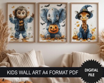 Cute Halloween Animal Prints, Kids Nursery Decor (PDF A4)