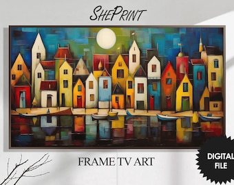 Samsung Frame TV Art | Night Town By The Sea Modern Abstract TV Art | Instant Download