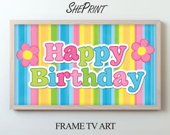 Retro Pastel Stripe Happy Birthday Frame TV Art For Kids | Instant Download