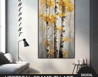 Arte digital vertical de abedules otoñales para Samsung TV, 2160x3840px, descarga instantánea.