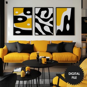 Energía audaz: conjunto de 3 impresiones abstractas en blanco, negro y amarillo, pósteres digitales de arte mural, descarga instantánea, impresión de hasta 61 x 91 cm