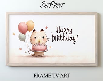 Kawaii Birthday Frame TV Art: Happy Birthday Cat Drawing (Digital Download 3840x2160px JPG)