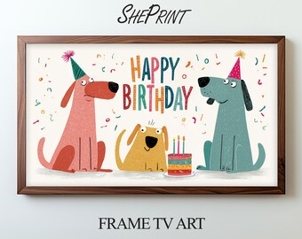 Sfondo per TV a tema compleanno con cani, divertente grafica per feste a tema cani, download digitale