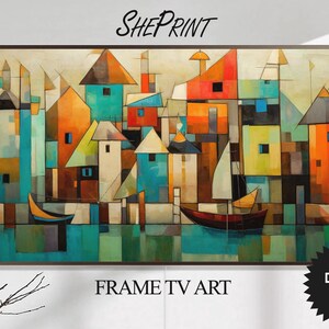 Abstracte kubistische huizen Samsung Frame TV Art (digitale download)