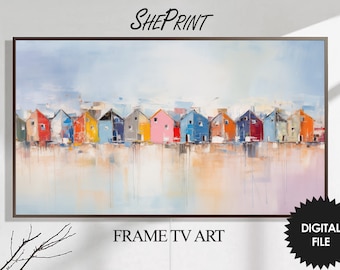 Samsung Frame TV Art | Colorful Beach Huts Painting | Coastal Digital TV Art | Instant Download