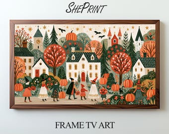 Cozy Vintage Halloween Village TV Art | Whimsical Folk Art & Autumn Colors | Digital Download
