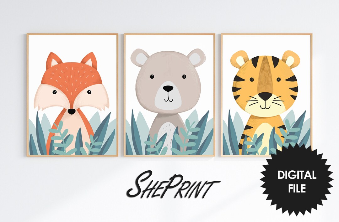 Printable Safari Animals Art, Set of 3, Kids Room Wall Art, Fox, Tiger