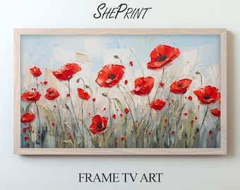 Summer Frame TV Art, Red Poppies Impasto Painting, Digital Download