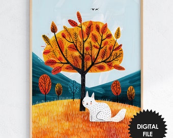 Fall Nursery Art Print, White Cat, Autumn Tree, Digital Download