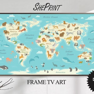 May include: A colorful world map with animals from different continents. The map is on a blue background with white clouds and ocean waves. The continents are labeled with their names and the oceans are labeled with their names. The animals are drawn in a cartoon style and include a giraffe, elephant, lion, tiger, bear, penguin, and more.
