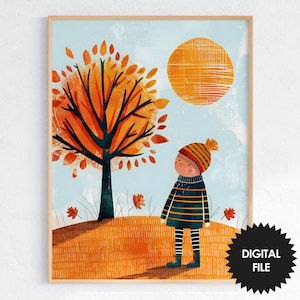 Arte de parede para quarto infantil, colagem de cena de outono fofa, impressão digital de menino e árvore, download instantâneo JPG, impressão de até 9"x12"