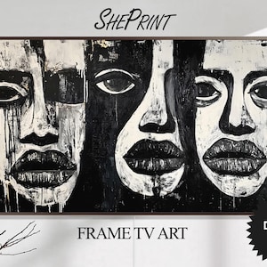 Abstract Faces Frame TV Art: Black and White Oil Painting (Digital Download)