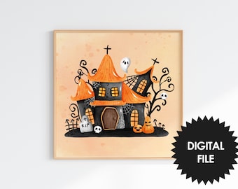 Puede incluir: Una impresión en acuarela enmarcada de una casa embrujada de Halloween. La casa es negra con detalles en naranja, una cruz y un fantasma. También se ven una lápida, calabazas y el texto "DIGITAL FILE".
