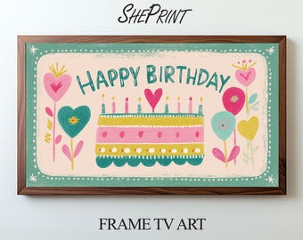 Happy Birthday Frame TV Art | Nordic Folk Pastel Colors | Instant Download
