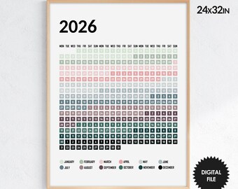 Printable Calendar 2026, Minimalist Wall Art Poster, 24x32inch, Instant Download