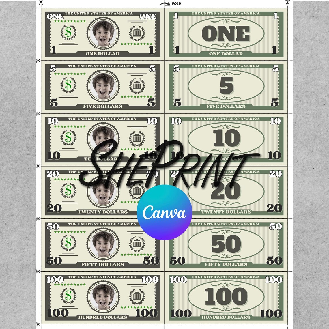 Editable Personalized Play Money Template for Kids, Custom Dollar Bills ...