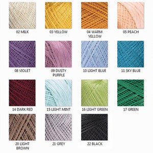 May include: A color chart of 22 different yarn colors, including white, milk, yellow, warm yellow, peach, light pink, hot pink, violet, dusty purple, light blue, sky blue, electric blue, red, dark red, light mint, light green, green, beige, caramel, light brown, grey, and black.