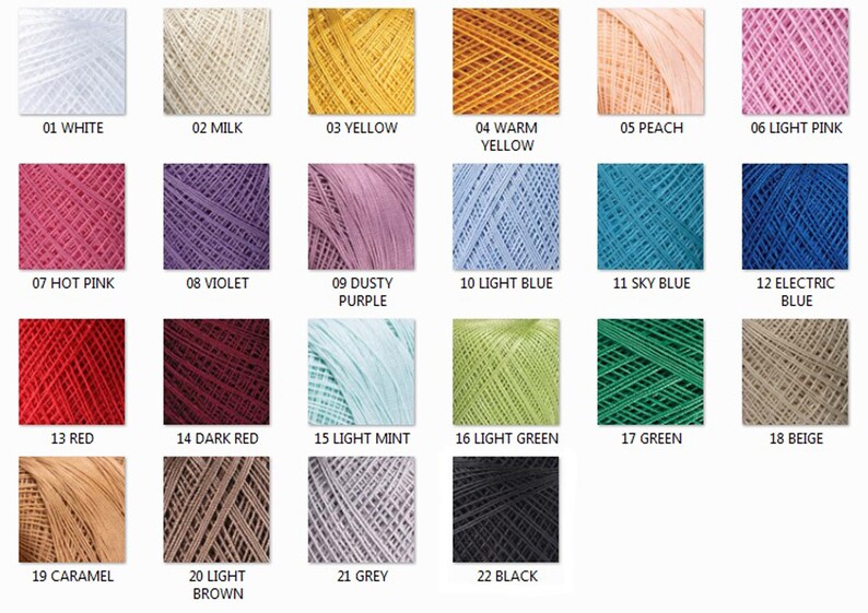May include: A color chart of 22 different yarn colors, including white, milk, yellow, warm yellow, peach, light pink, hot pink, violet, dusty purple, light blue, sky blue, electric blue, red, dark red, light mint, light green, green, beige, caramel, light brown, grey, and black.