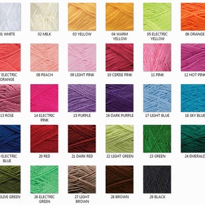 May include: A color chart of yarn samples, showing 29 different colors, including white, milk, yellow, warm yellow, electric yellow, orange, electric orange, peach, light pink, cerise pink, pink, hot pink, rose, electric pink, purple, dark purple, light blue, sky blue, electric blue, red, dark red, light green, green, emerald, olive green, electric green, light brown, brown, and black.