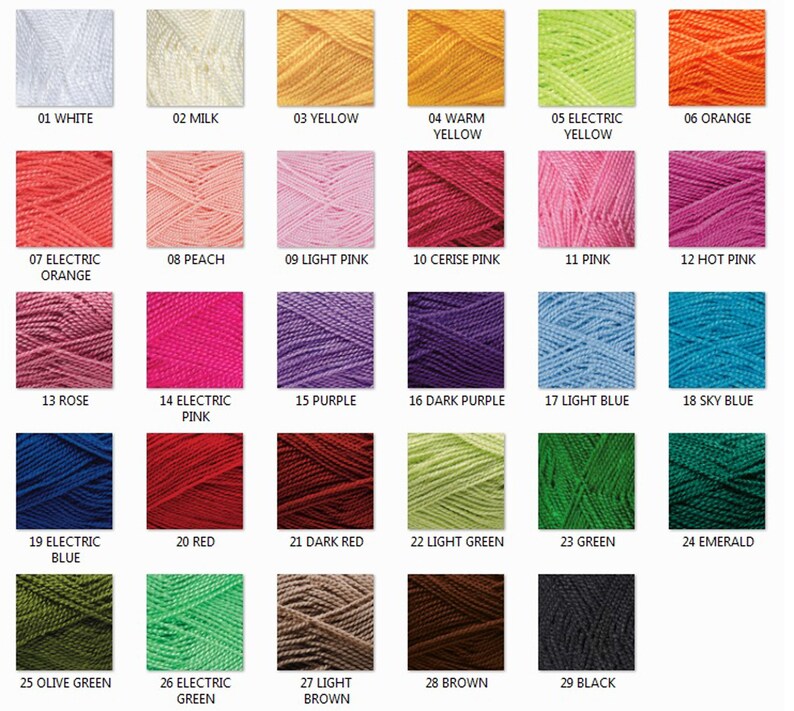 May include: A color chart of yarn samples, showing 29 different colors, including white, milk, yellow, warm yellow, electric yellow, orange, electric orange, peach, light pink, cerise pink, pink, hot pink, rose, electric pink, purple, dark purple, light blue, sky blue, electric blue, red, dark red, light green, green, emerald, olive green, electric green, light brown, brown, and black.