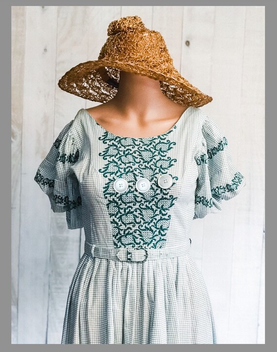 1940 Puff Sleeve Grid and Floral Dress