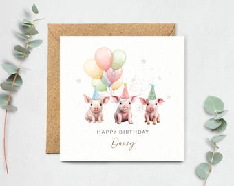Pig Birthday Card - Personalised Birthday Card, Pigs, Piglets Greeting Card, Animal Lover