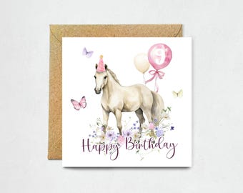 Horse Birthday Card - Animal Lover Birthday Card, Horses, Pony, Horse Greeting Card, Any Age, White/Black/Brown Horse