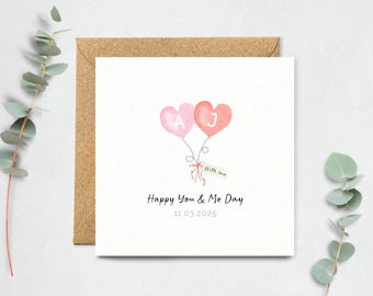 You and Me Day Card - Personalised Heart Balloons, Love Card for Partner