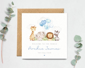 Personalised New Baby Card, Welcome to the World Baby Boy, Safari Animals