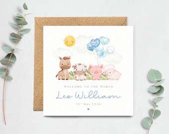 Personalised New Baby Card, Welcome to the World Baby Boy, Farm Animals