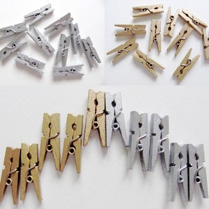 Mini pinces à linge en bois couleur unie brillante argent ou bronze lot de 10 unités 2,5 cm