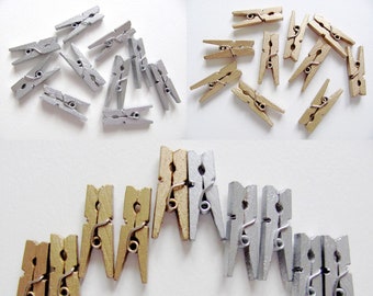 Mini pinces à linge en bois couleur unie brillante argent ou bronze lot de 10 unités 2,5 cm