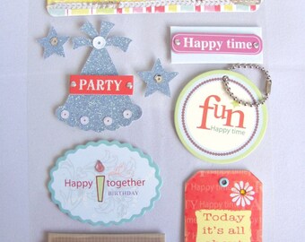 Planche de 7 embellissements adhésifs 3D pour scrapbooking thème anniversaire