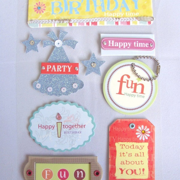 Planche de 7 embellissements adhésifs 3D pour scrapbooking thème anniversaire