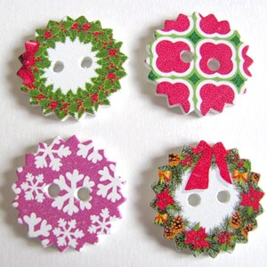 Lot de 5 boutons ronds 2,4 cm en bois peint décoration de Noël au choix