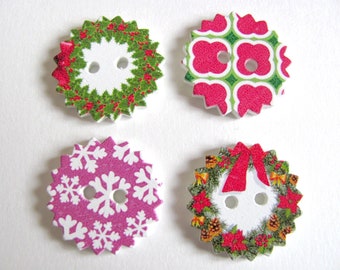 Set of 5 round buttons 2.4 cm in painted wood Christmas decoration of your choice