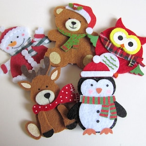 Feutrines personnages et animaux pour décoration de Noël : 5 sujets au choix (bonhomme de neige, hibou, nounours, pingouin, renne)