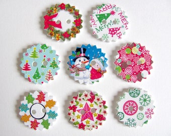 Lot de 10 boutons ronds 2,4 cm en bois peint décoration de Noël au choix