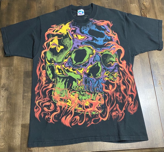 Vintage 90s Liquid blue Fire Skull T-shirt