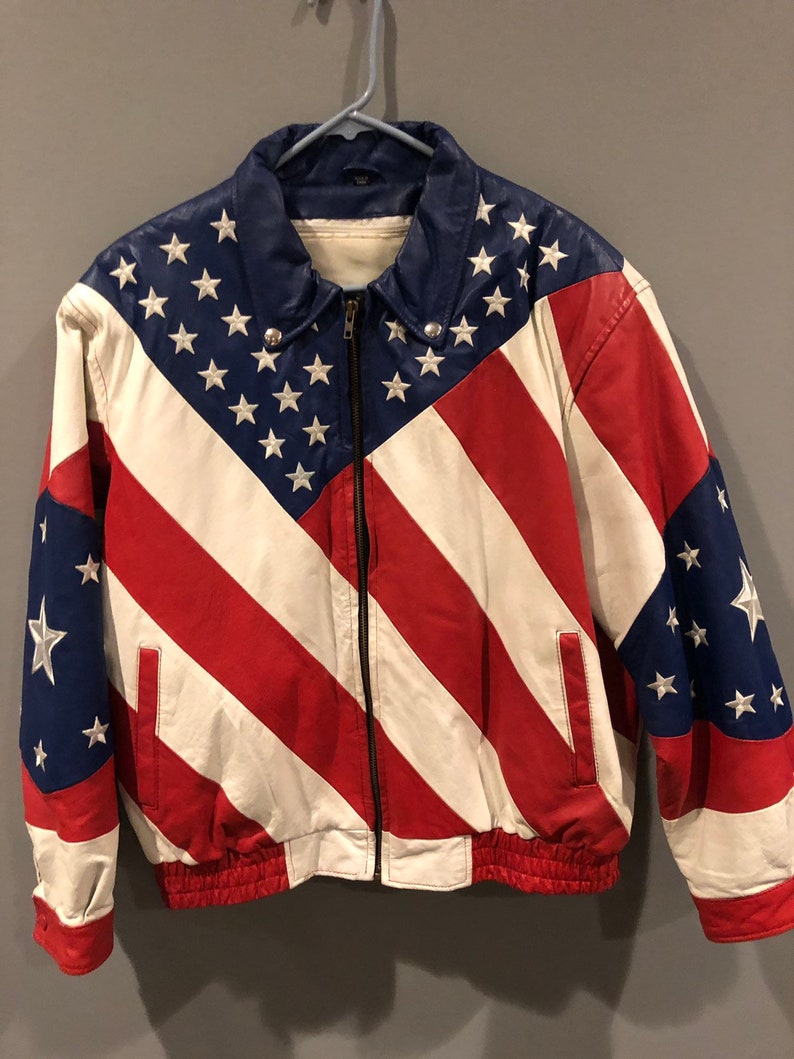 Vintage Usa Flag Leather Jacket All Over Print Size 2xl