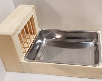 Medium-Large-Xlarge Size Two Way Stainless Steel Rabbit Litter Box Tray and Wood Hay Feeder Food Stand 3 in 1 Rabbit Guinea Pig Chinchilla