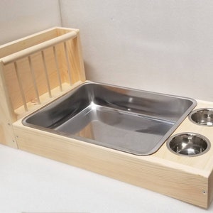 3 in 1 Two Way Wood Hay Feeder Stainless Steel Litter Box Tray and Food Stand Rabbit Bunny